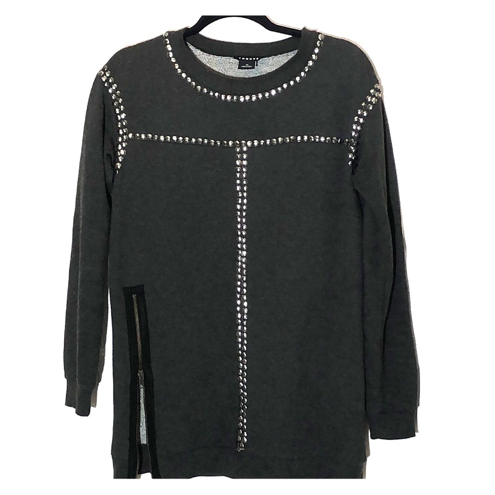 Trouve Studded Long Sweatshirt Charcoal Side Zip XS